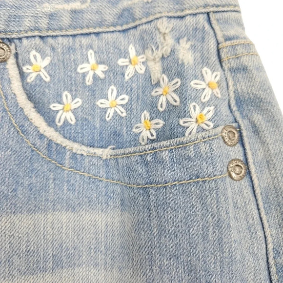 Hand Embroidered Aeropostale Mini Denim Skirt Light Wash Distressed Floral - Picture 4 of 10